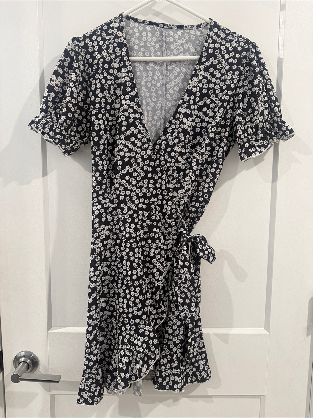 Black and White Floral Wrap Mini Dress